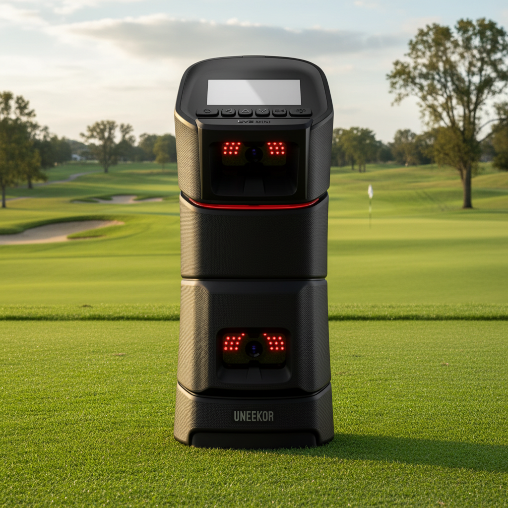 Black electronic device with red lights on a white background